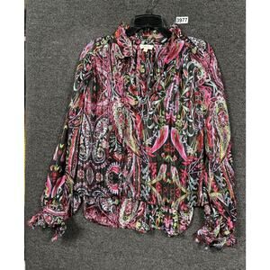 Elan Paisley Sheer Blouse Womens Sz S Black Fuchsia Long Sleeves Metallic Lined